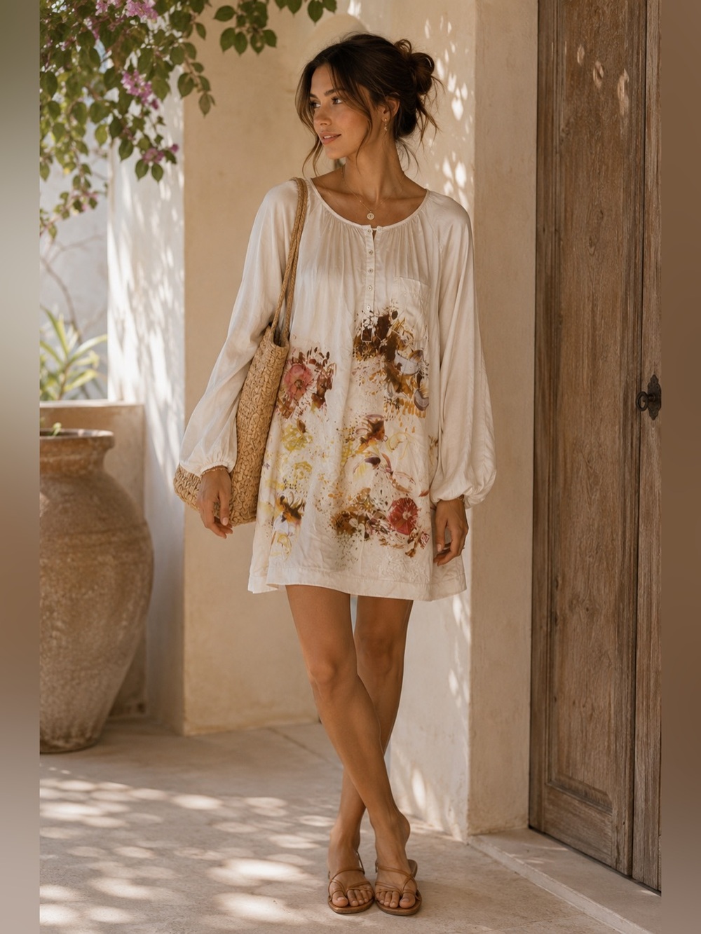Zara Woman 100% Silk Floral Mini Dress Ivory‎ Boho Romantic Long Sleeve Size L